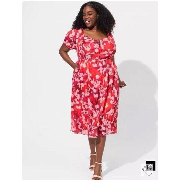 Torrid Midi Lined Lace Up Sweetheart Neckline Dress 2X 18-20 Floral Ruffle Red - Picture 1 of 12
